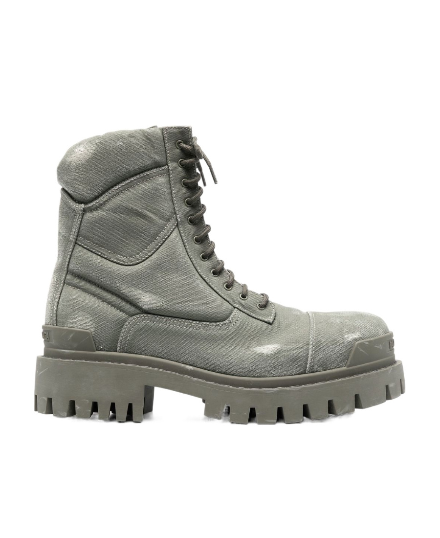 Balenciaga Mens Khaki Combat Strike Faded-wash Canvas Ankle Boots In Gray