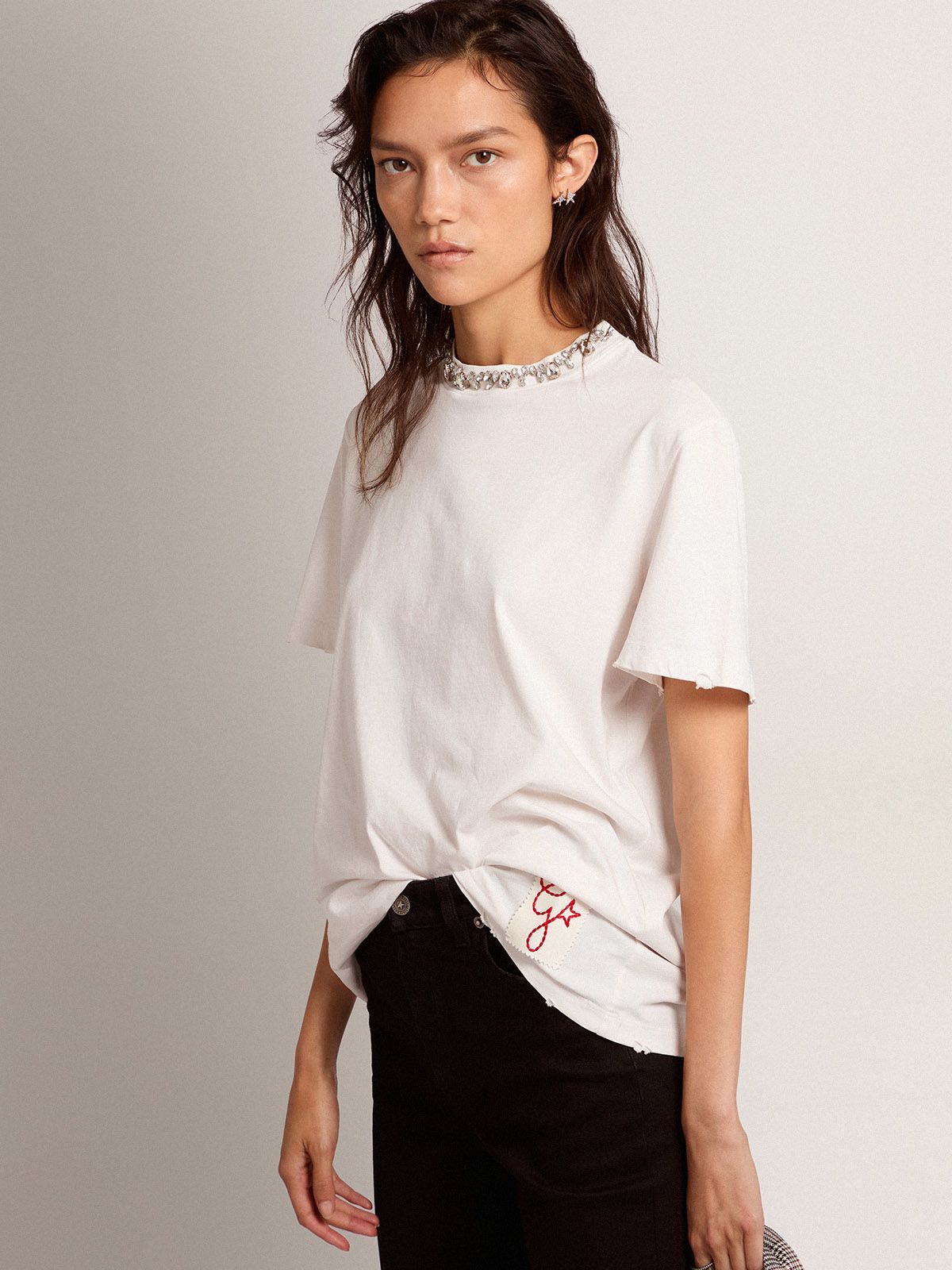 Golden Goose Relaxed Fit Rhinestone-embellished White T-shirt In White