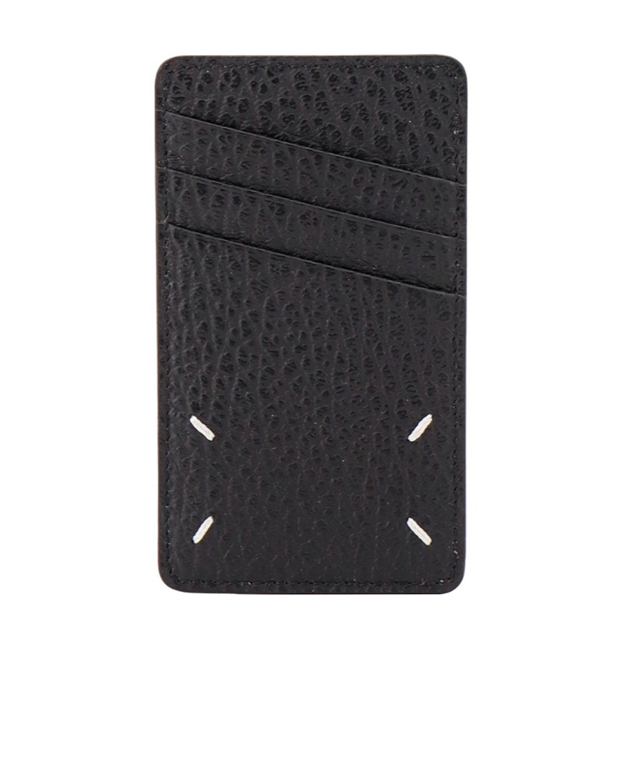 Maison Margiela Leather Card Holder With Embossed Texture And Contrasting Stitching In Black