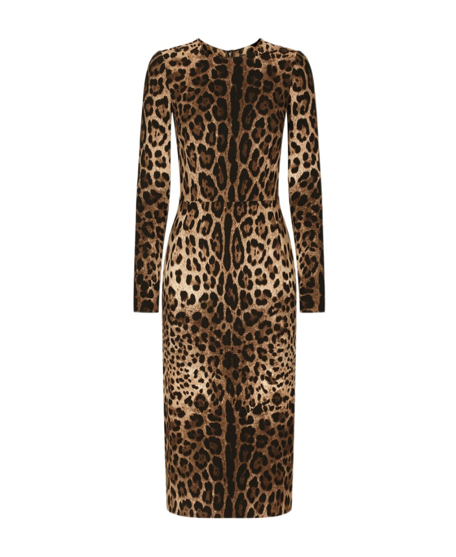 Dolce & Gabbana Leopard Print Long Sleeve Cady Midi Dress In Black