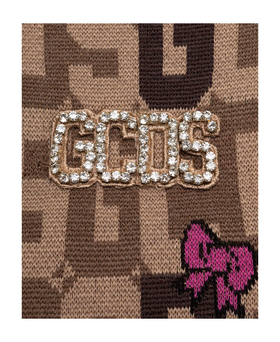 Gcds Cropped Sweater In Mixed Wool Knit With Logo Plate, Hello Kitty And Logo In Contrastingh Jacquard Gc In Brown
