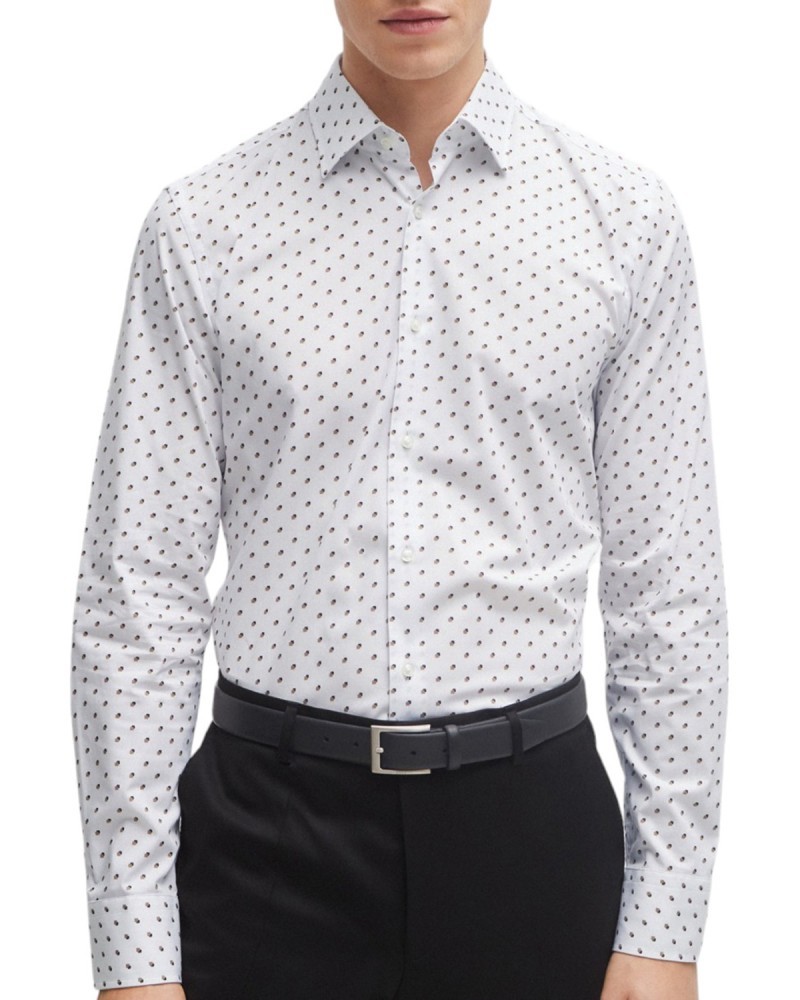 Hugo Boss Slim-fit Shirt In Geometric-print Performance-stretch Jersey In White