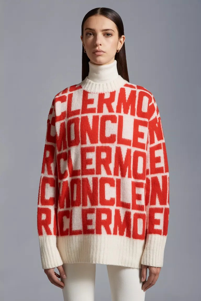 Moncler Red & White Jacquard Sweater In Black