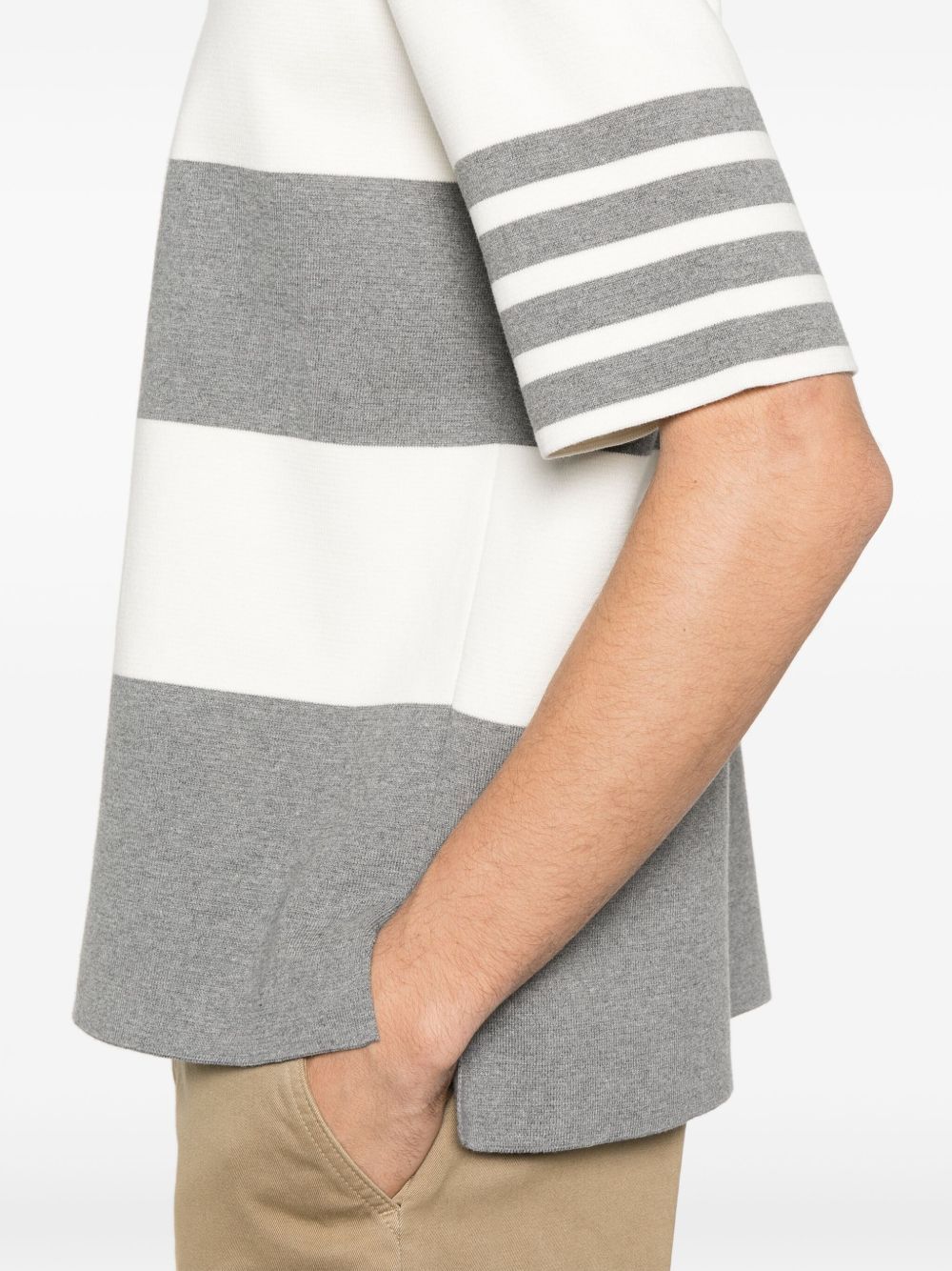 Thom Browne Short-sleeved Polo Shirt With Horizontal Stripes And Classic Collar In Gray