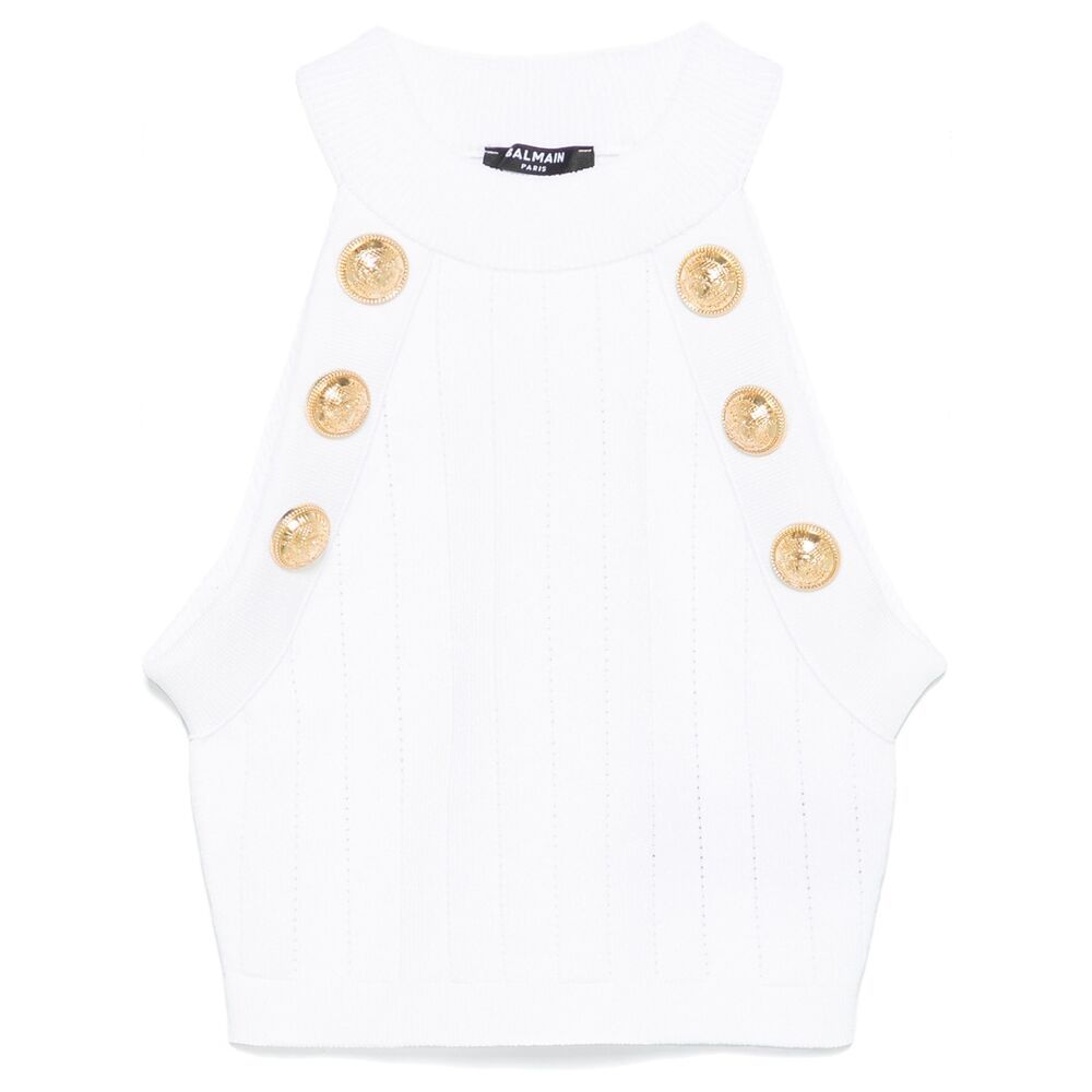 Balmain Halterneck Knit Cropped Top With Gold Buttons In White