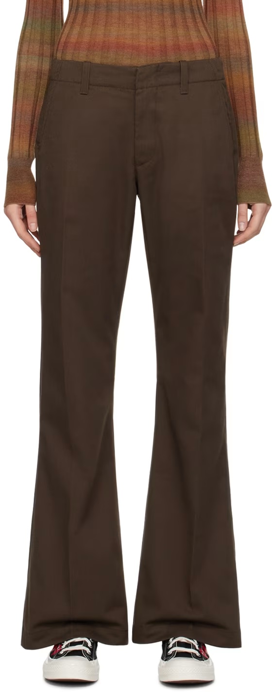 Re/done Pressed-crease Cotton-blend Flared Trousers In Brown