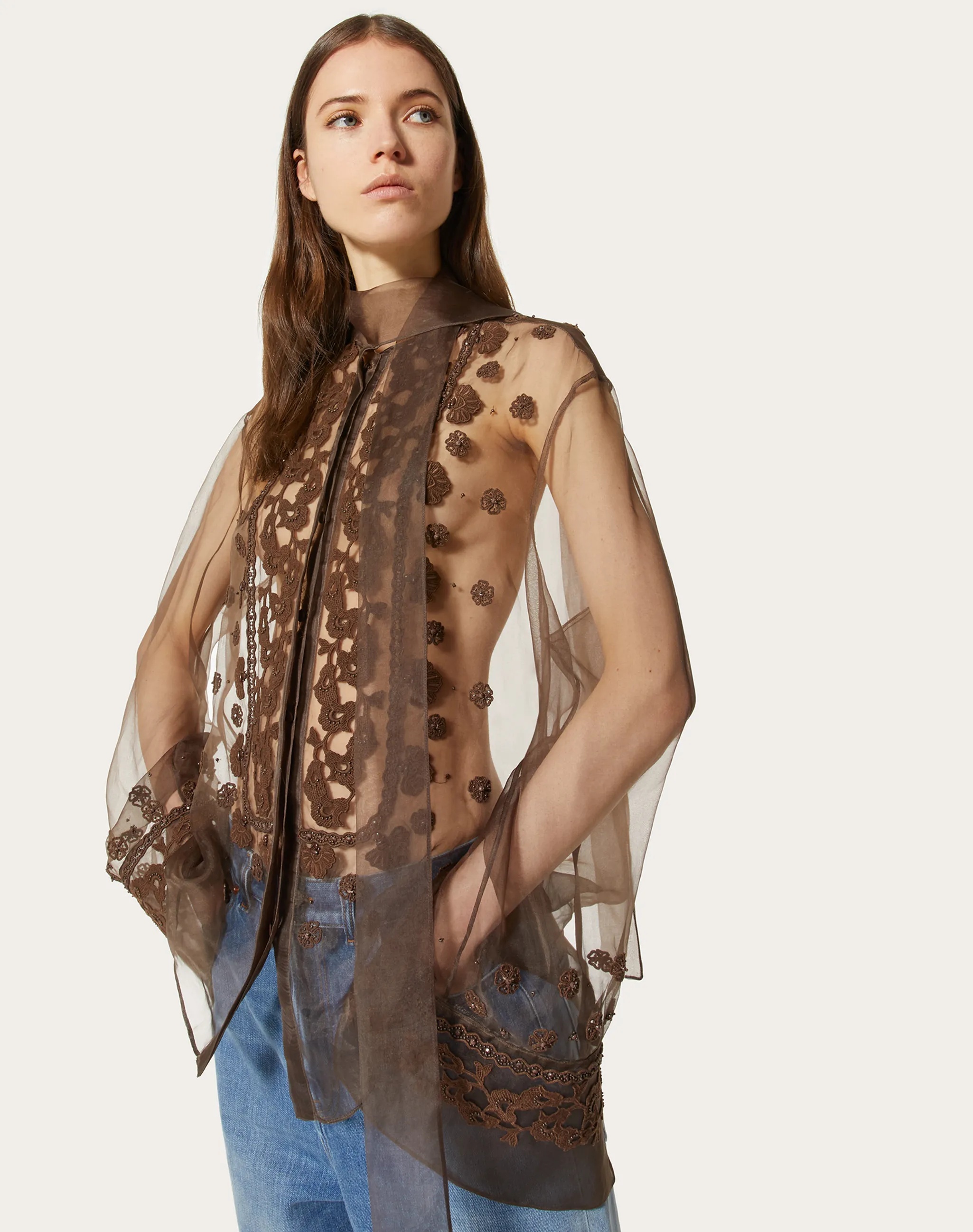 Valentino Embroidered Organza Shirt In Brown