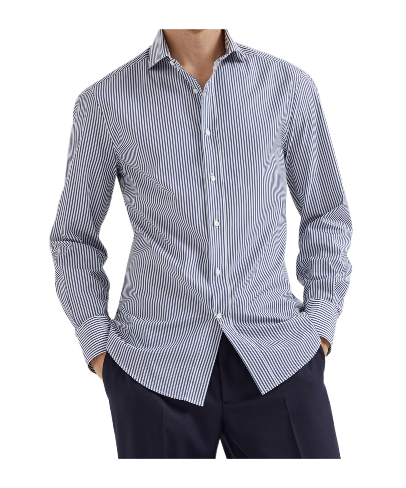 Brunello Cucinelli Striped Cotton Shirt With Button-down Collar In Gray