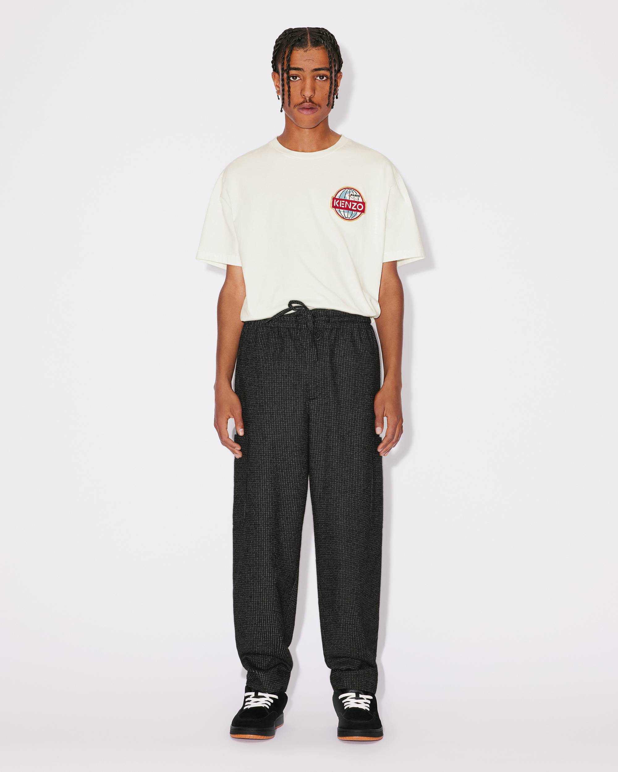 Kenzo Logo-patch Check-pattern Tapered Trousers In Black