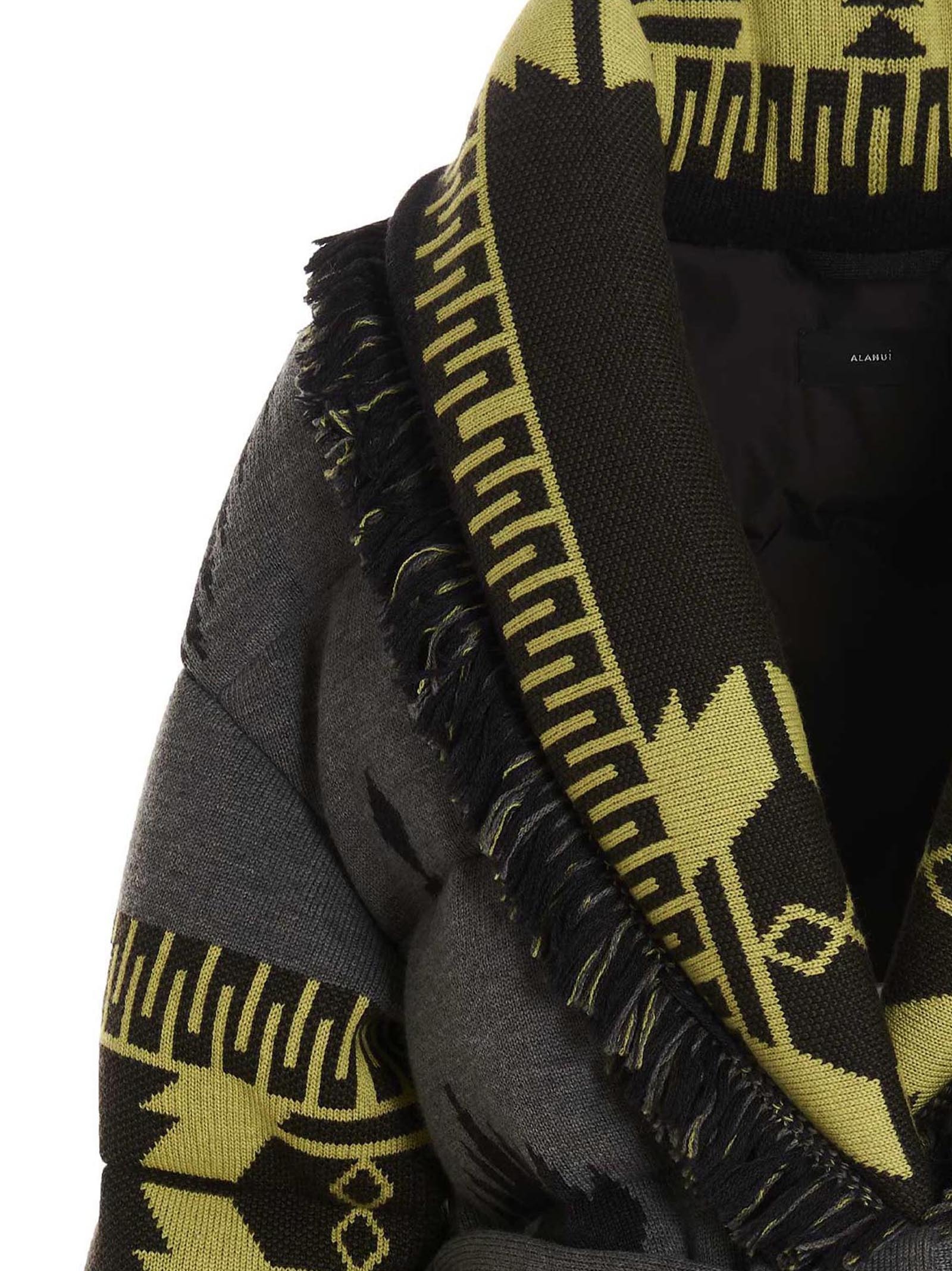 Alanui Icon Belted Fringed Quilted Wool-jacquard Down Jacket In Black