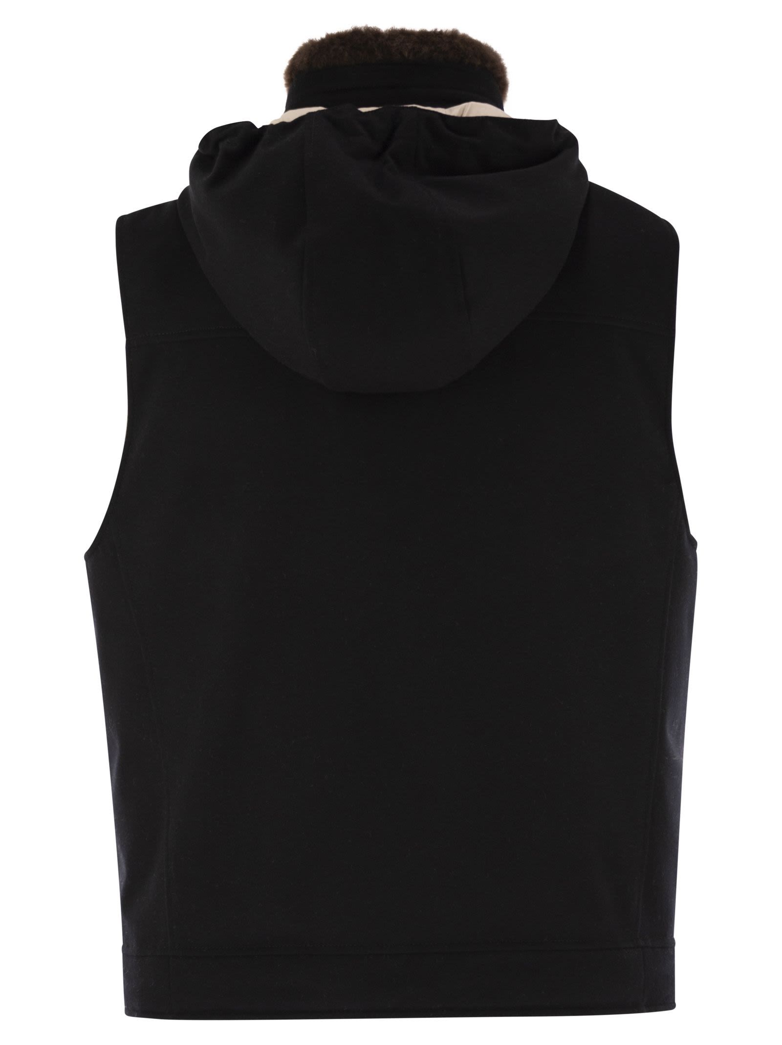 Brunello Cucinelli Men Wool Waistcoat With Fur Collar In Black