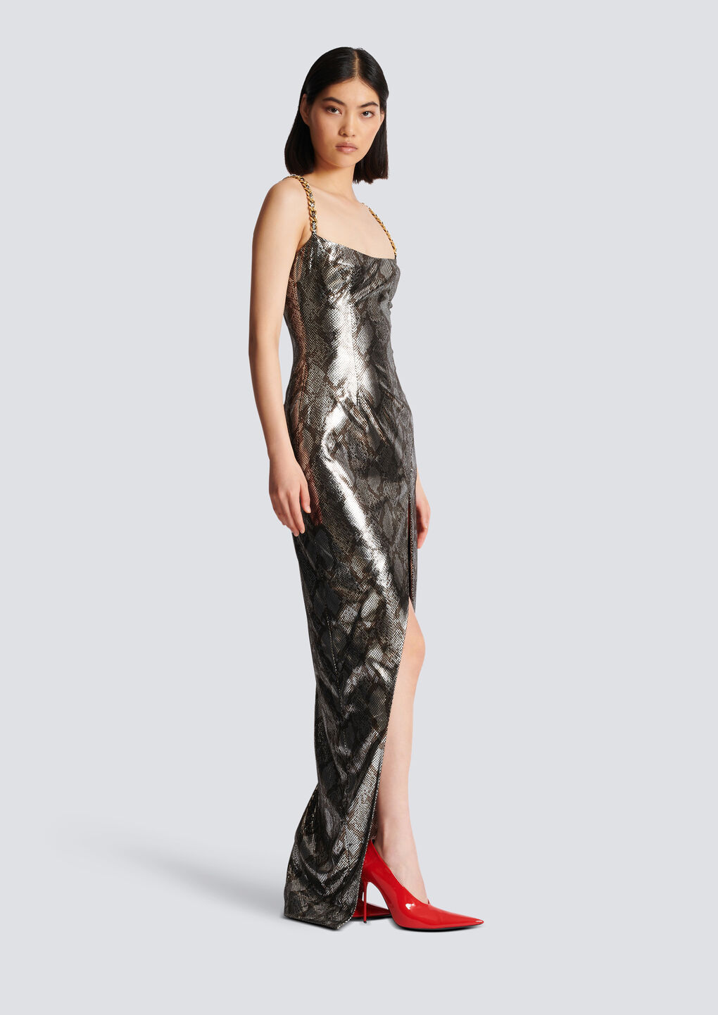 Balmain Shiny Python Gown With Chain Detail In Gray