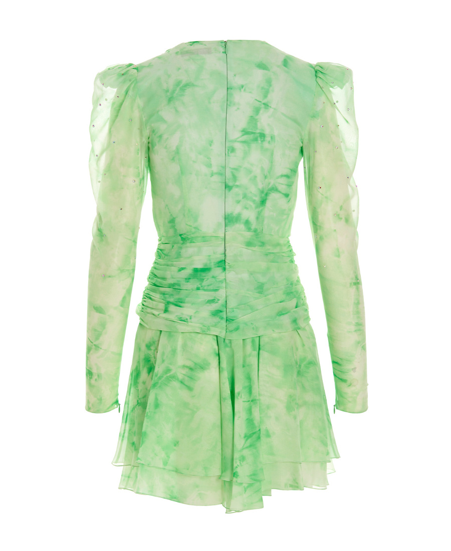 Alessandra Rich Gathered Crystal-embellished Printed Silk-georgette Mini Dress In Green