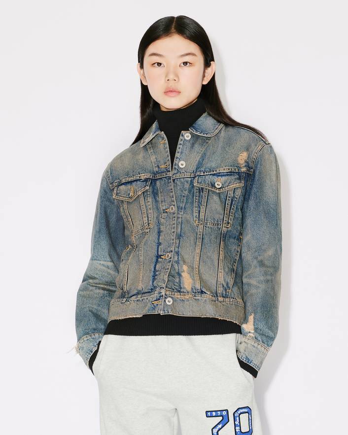 Kenzo Denim Ripped Jacket With Peter Pan Collar In Blue