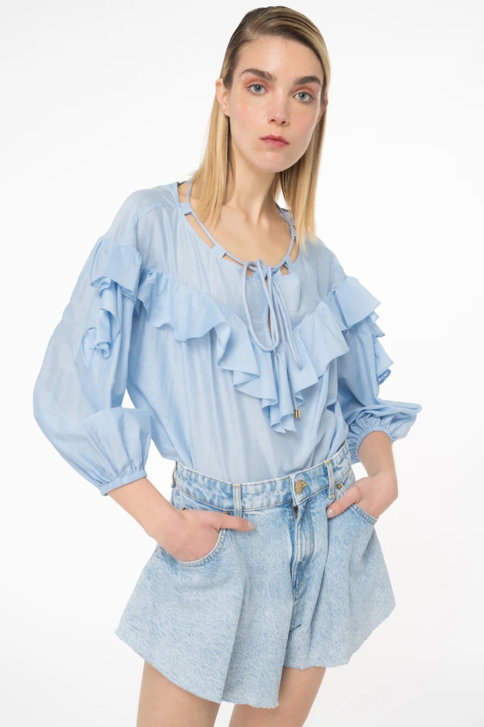 Pinko Solid Color Cotton And Silk Bones Blouse With Ruffles In Blue