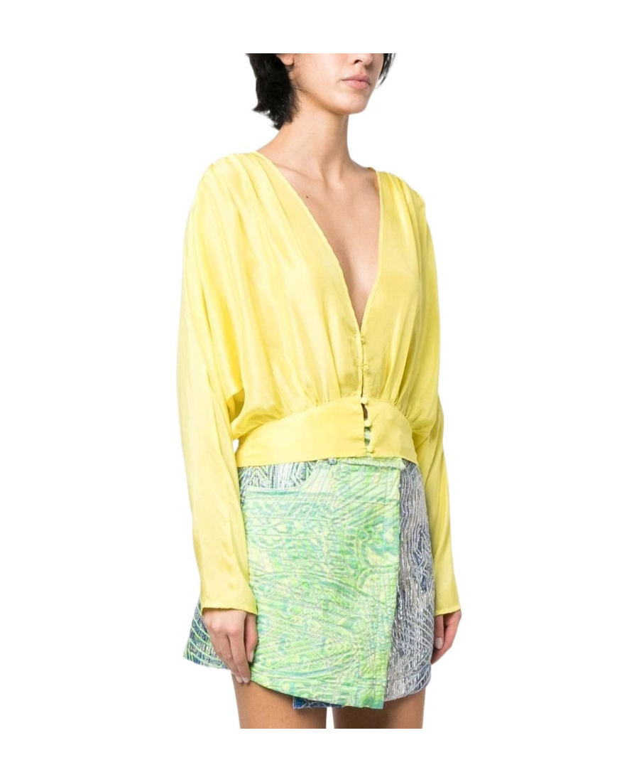 Shop Forte Forte Low-chest Pleated Long-sleeved Shirt In Yellow
