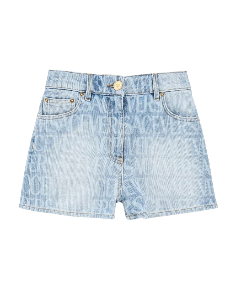 Versace Logo-print Denim Shorts In Blue