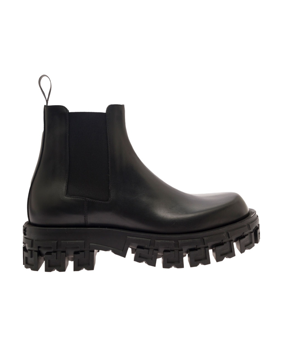 Versace Greca-sole Ankle Boots In Black