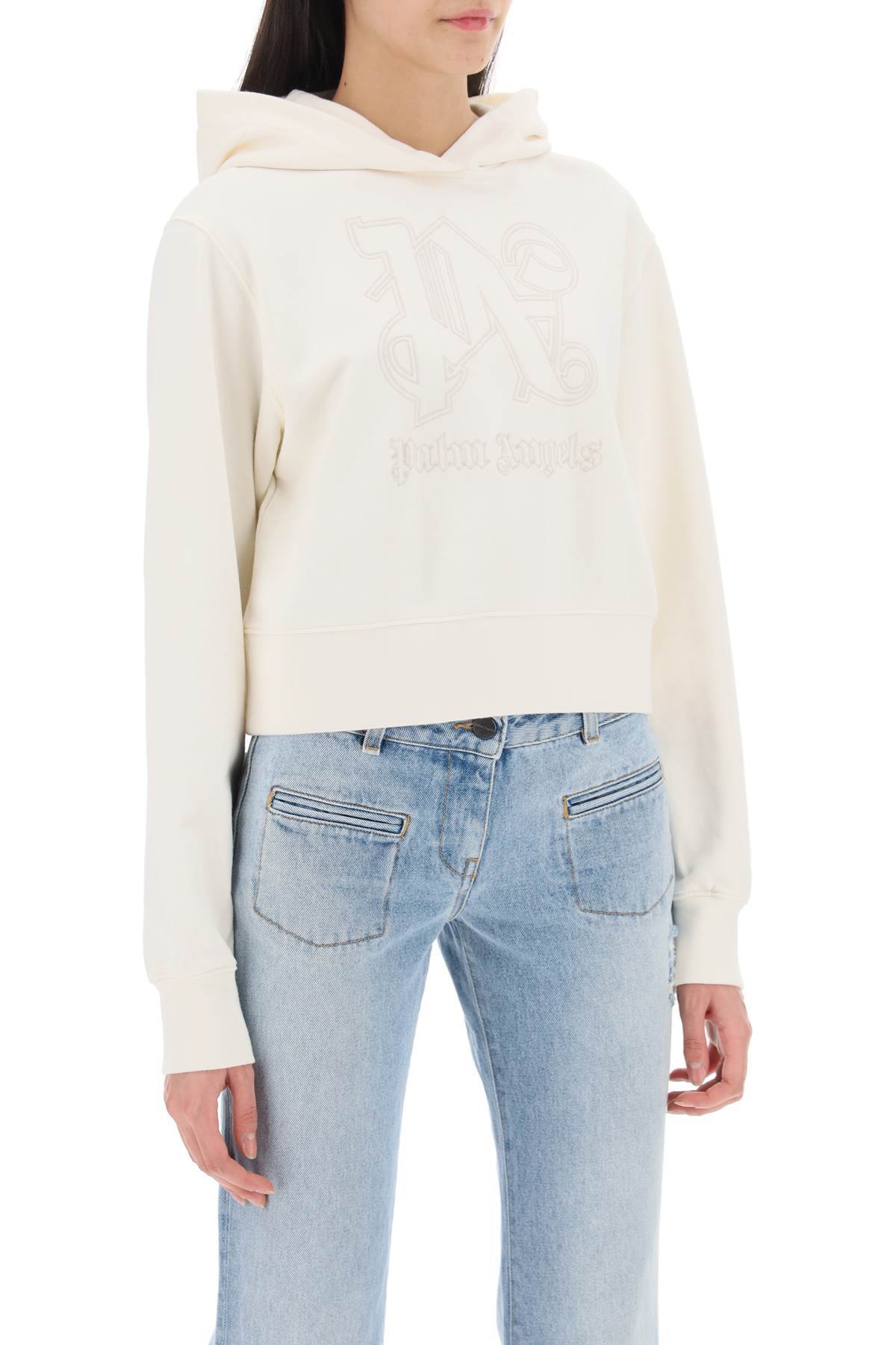 Palm Angels Cropped Hoodie With Monogram Embroidery In White