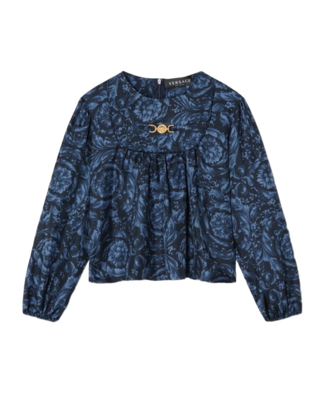 Versace Logo-plaque Silk Blouse In Blue