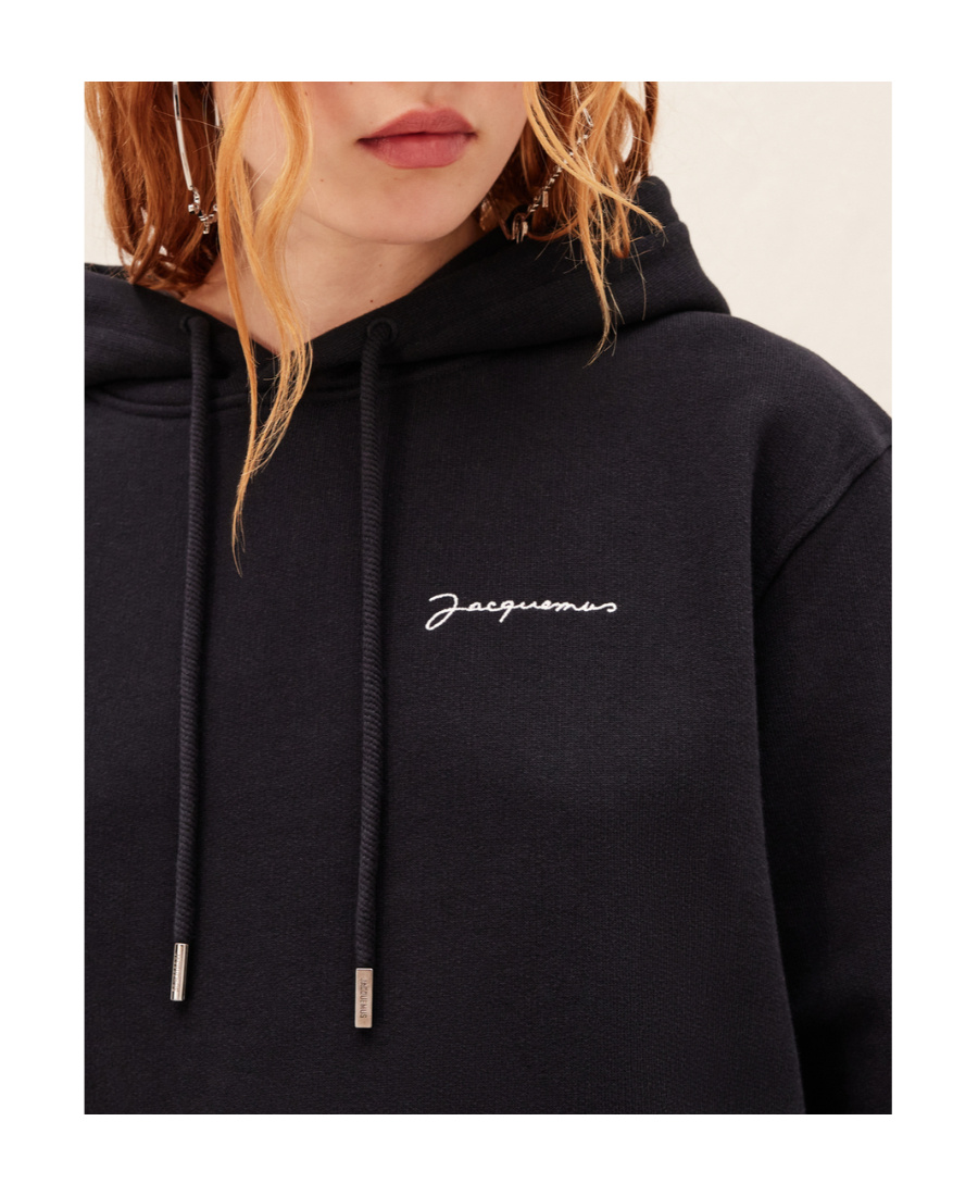 Jacquemus Embroidered Logo Drawstring Hoodie In Blue