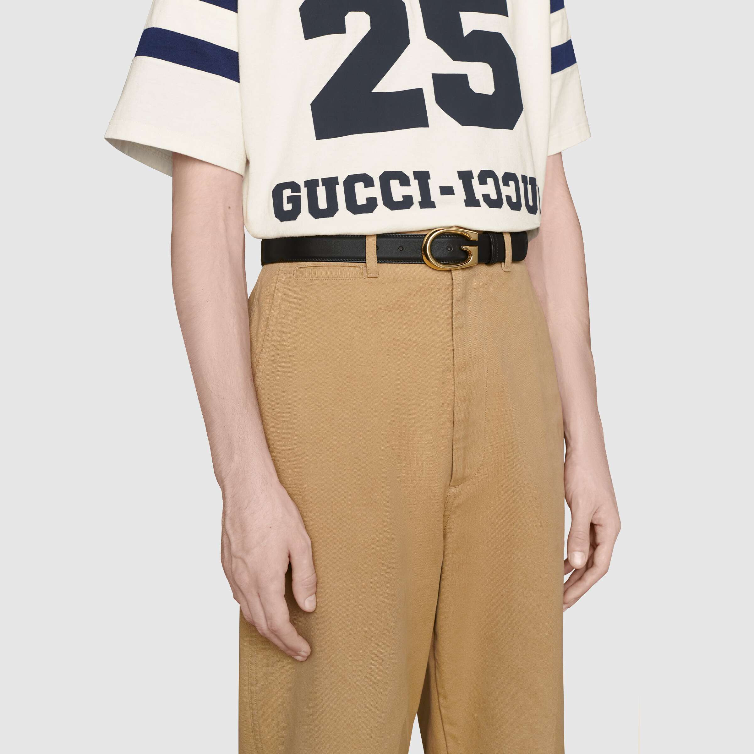 Gucci G-buckle Thin Leather Belt In Black