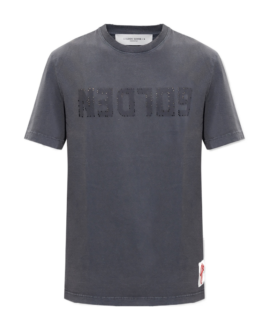 Golden Goose Green Crewneck T-shirt With Logo On The Front And Logo Patch On The Front In Gray