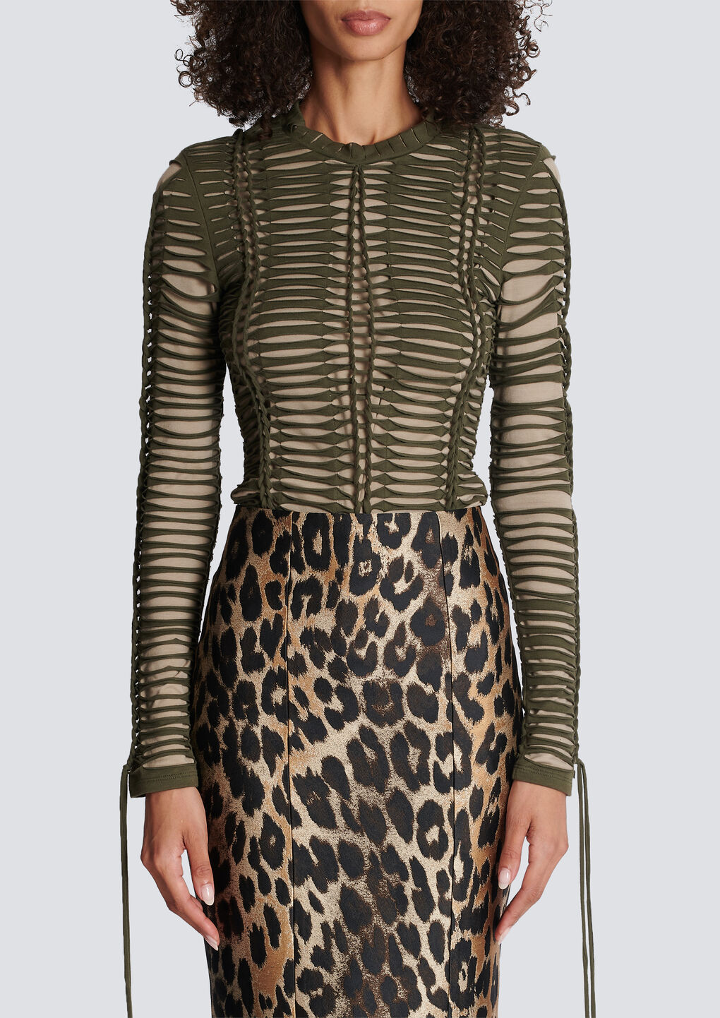 Balmain Two-tone Laser-cut T-shirt In Brown