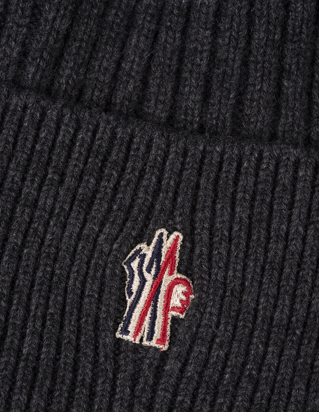 Moncler Grenoble Black Ribbed Beanie With Logo Patch In Wool Man In Black