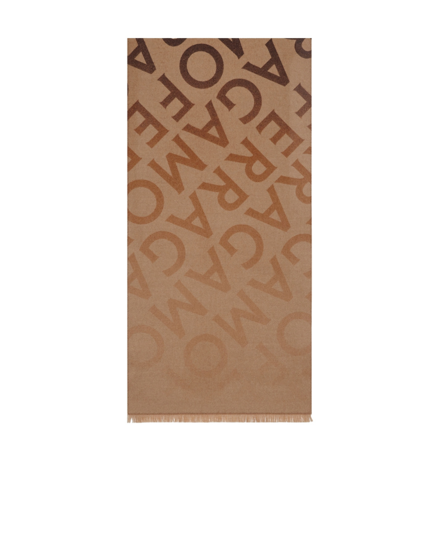 Ferragamo Wool Blend Reversible Embroidered Scarf With Fringed Edges In Brown