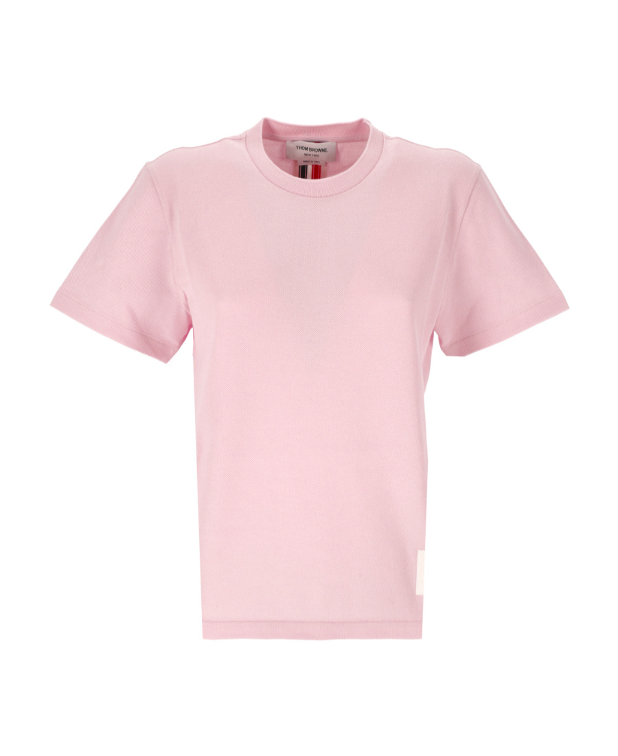 Thom Browne Relaxed Fit Short Sleeve Tee With Red, White And Blue Stripe In Classic Pique In Pink