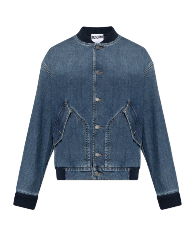 Moschino Blue Barcode Patch Denim Bomber Jacket In Blue
