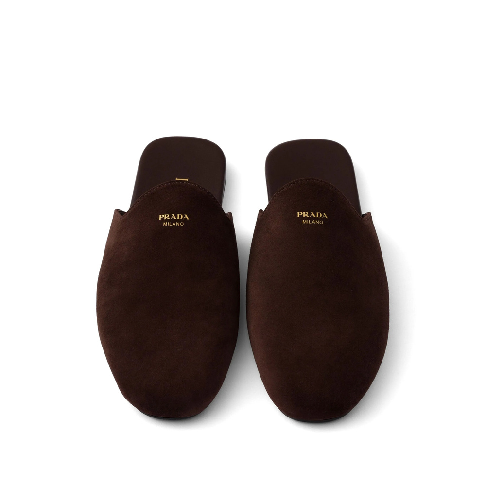 Prada Round Toe Flat Slippers In Brown