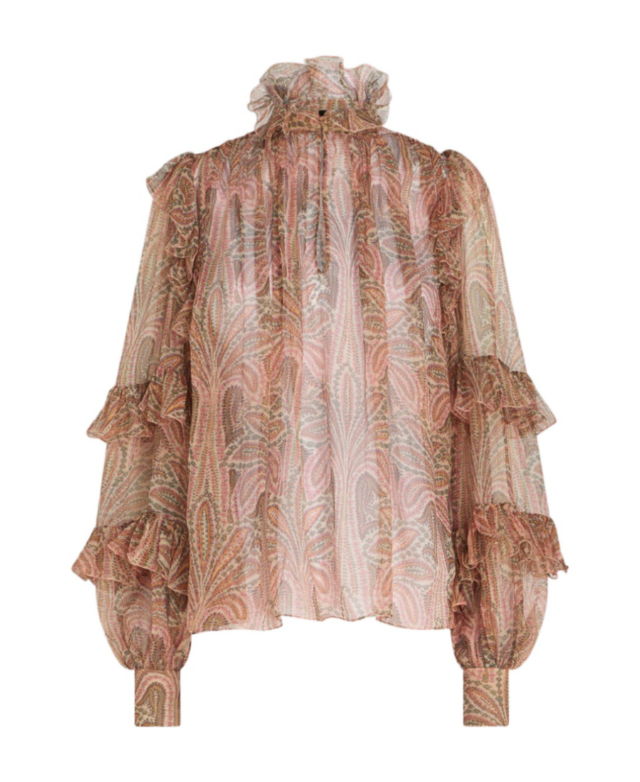 Etro Ruffled Paisley-print Silk Blouse In Brown