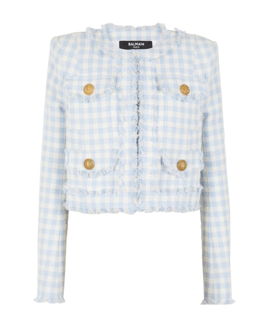 Balmain Blue Plaid Cropped Tweed Jacket In White