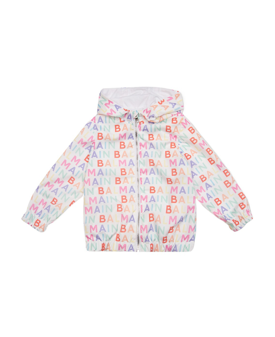 Shop Balmain All-over Logo Print Hooded Jacket In White
