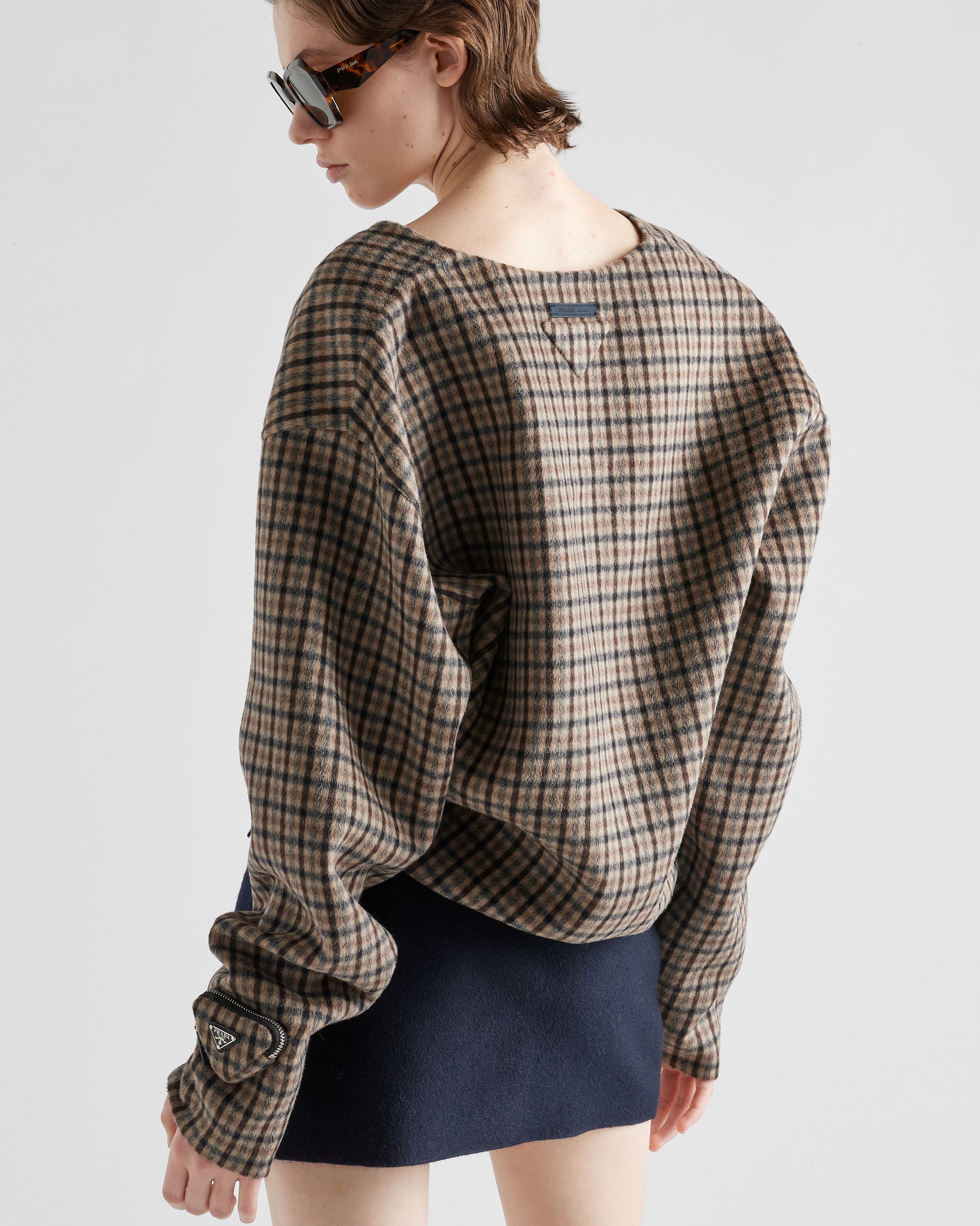 Prada Check Pattern V-neck Angora-virgin Wool Blend Top In Nude