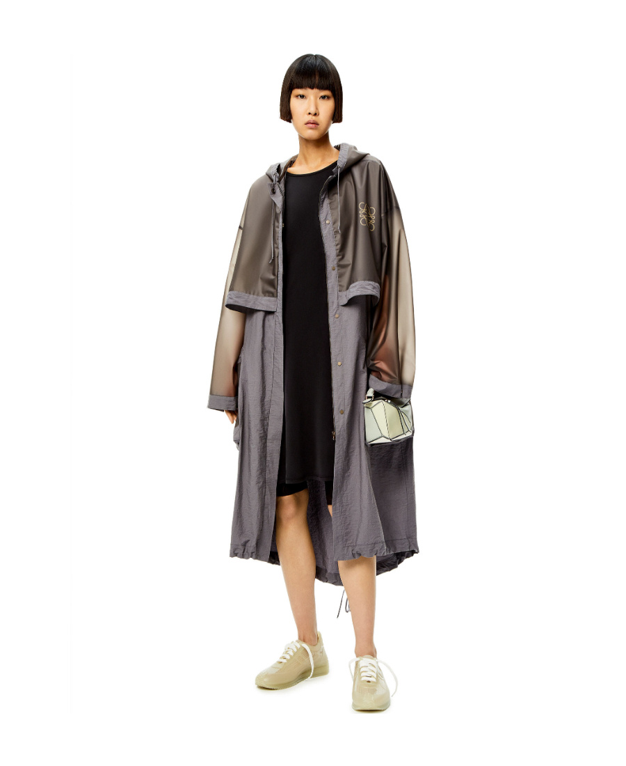 LOEWE LOGO-PRINT PANELLED HOODED COAT 