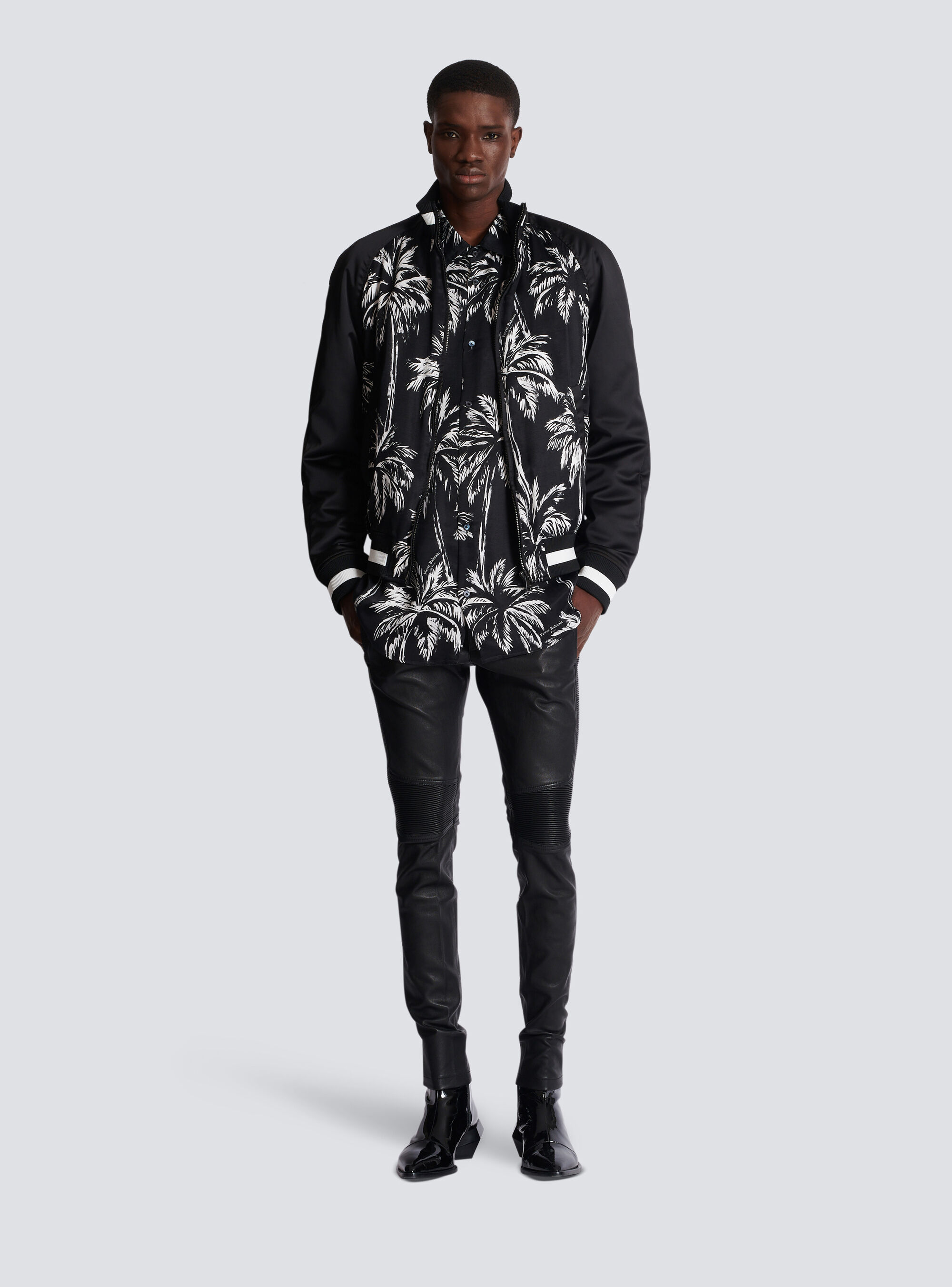 Balmain Printed Satin Palm Tree Bomber Jacket In Black