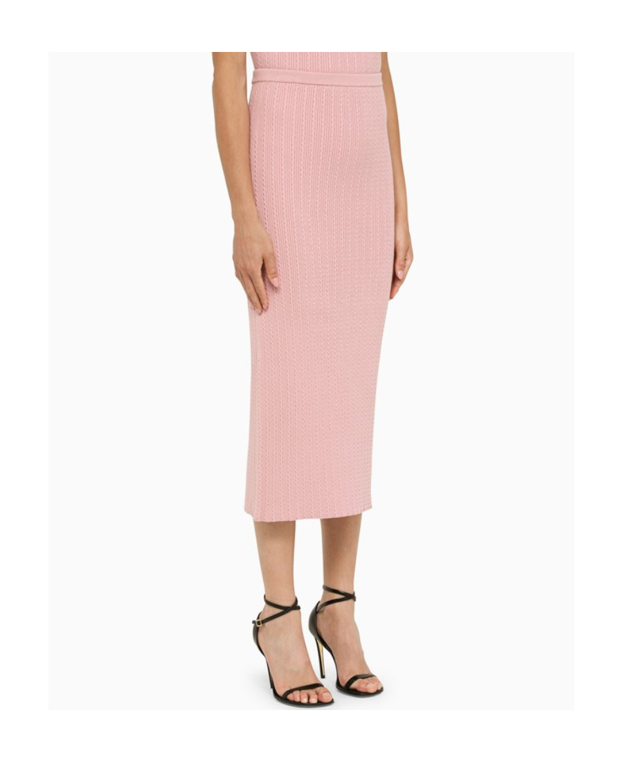 Alessandra Rich Cotton Blend Ribbed Midi Skirt With Elastic Waistband In Pink