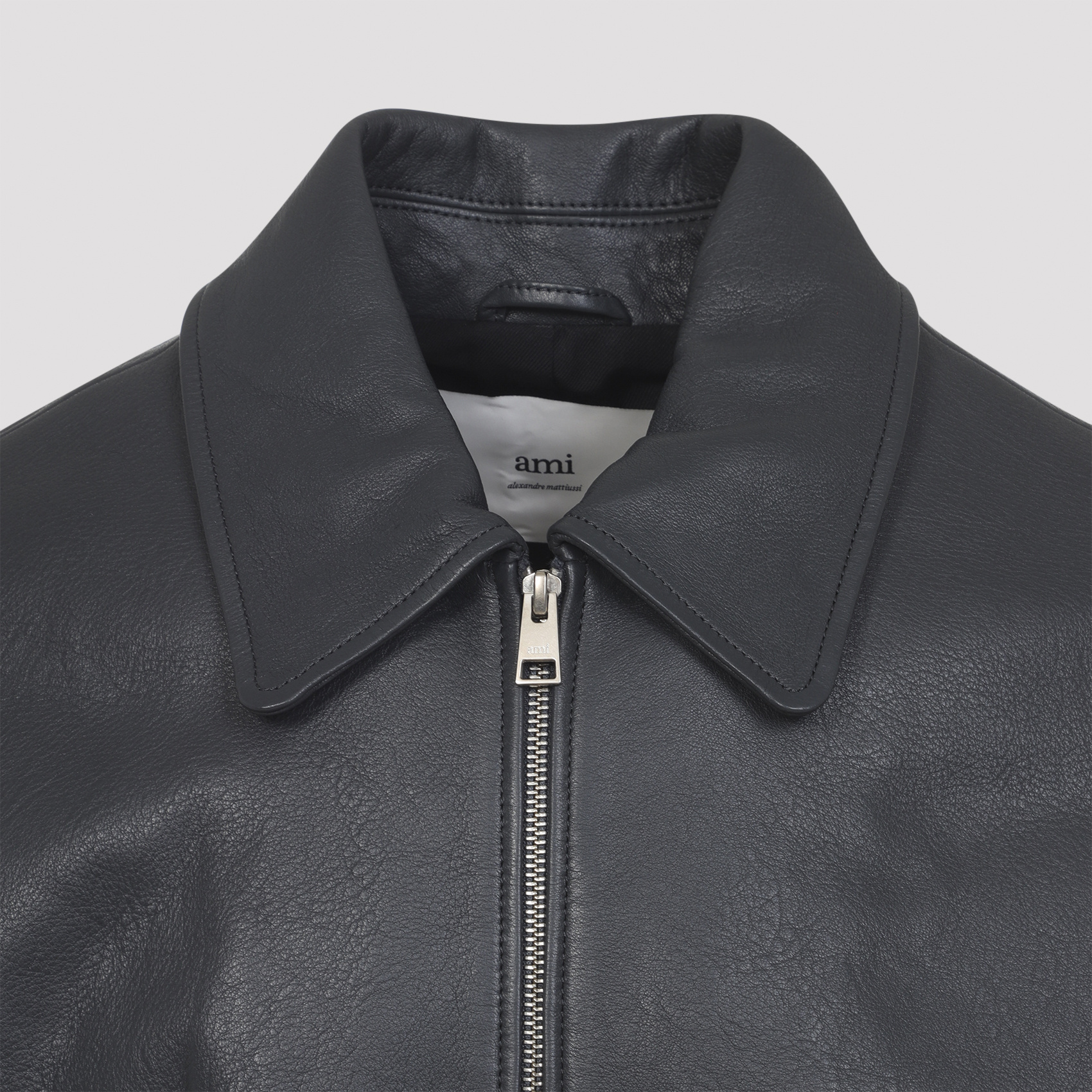Ami Alexandre Mattiussi Mens Anthracite Regular-fit Spread-collar Leather Jacket In Blue