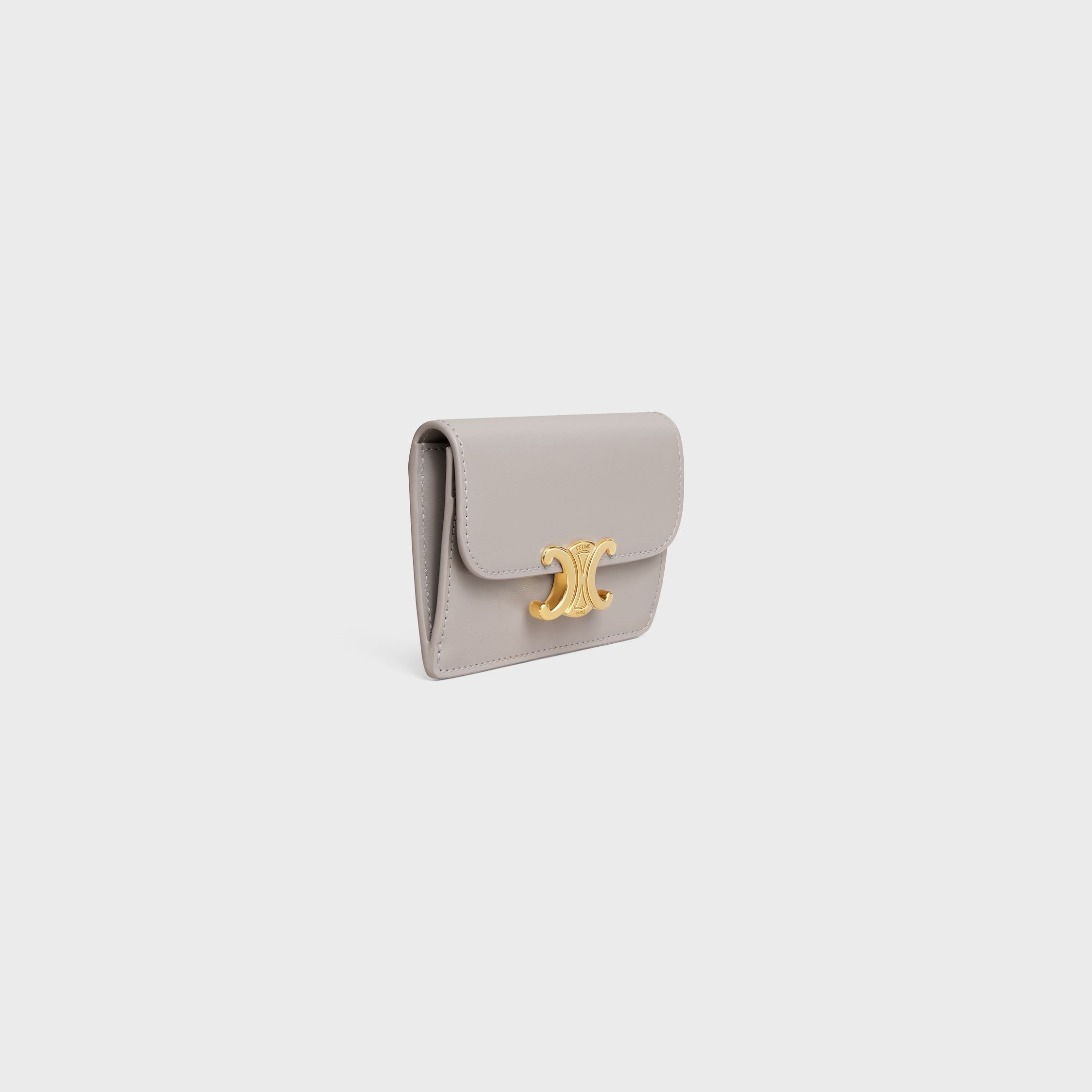 Celine Card Holder With Flap Triomphe In Shiny Calfskin In Gray