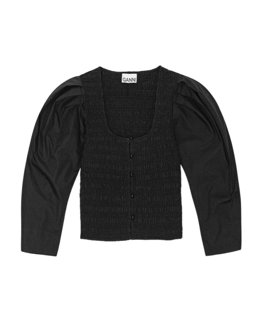 Ganni U-neck Cropped Organic-cotton Blouse In Black