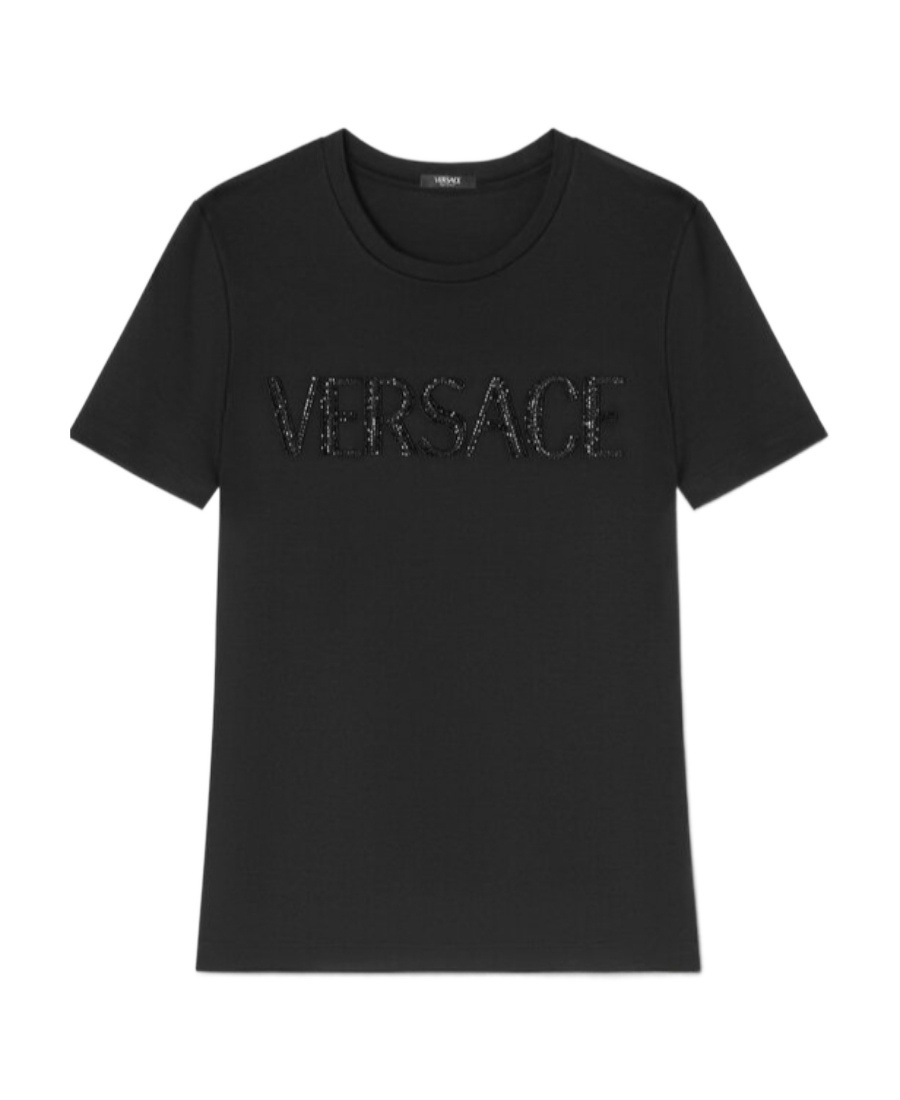 Versace Crystal Logo Crew Neck Top In Black