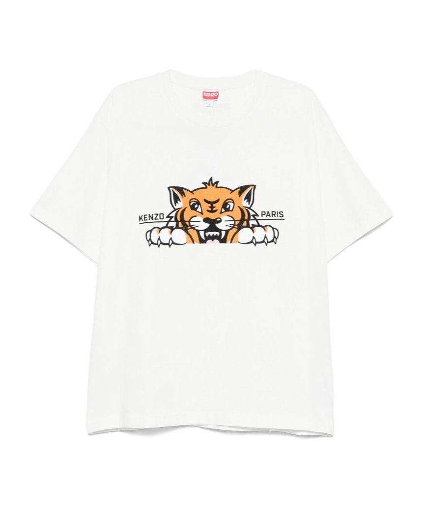 Kenzo 'gots Happy Tiger' White Crewneck T-shirt With Maxi Logo Embroidery On The Front And Logo Lettering In White