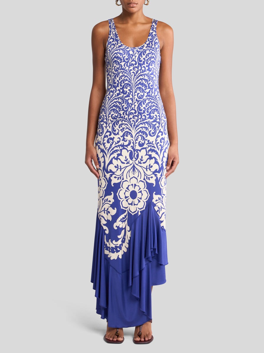 Etro Medallion Paisley Jersey Asymmetric Backless Dress In Blue