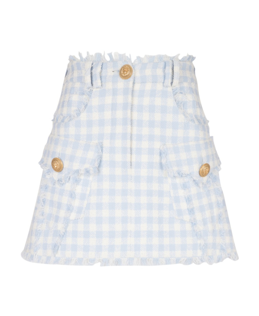 Balmain Button-embellished Frayed Gingham Cotton-blend Tweed Mini Skirt In Blue