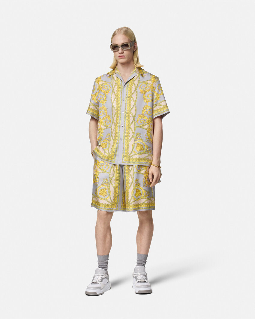 Versace La Coupe Des Dieux Print Silk Shorts In Nude