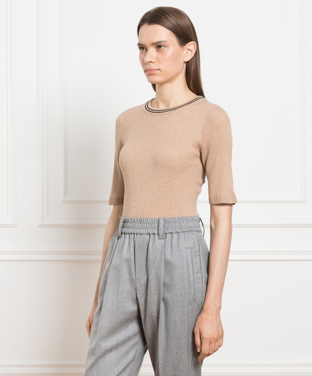 Brunello Cucinelli Round Neck Striped Sweater In Nude