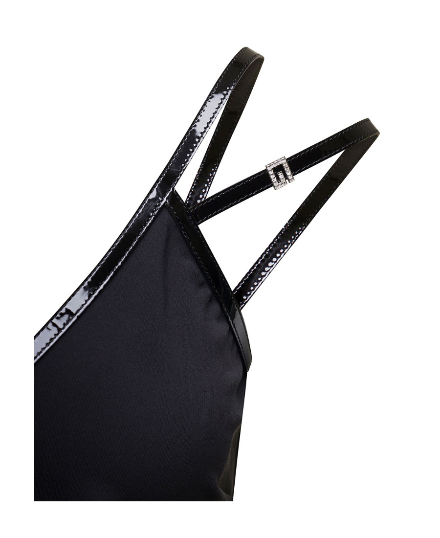 Gucci Mini Black Dress With Black Leather Trim And Double Strap In Stretch Viscose Woman In Black